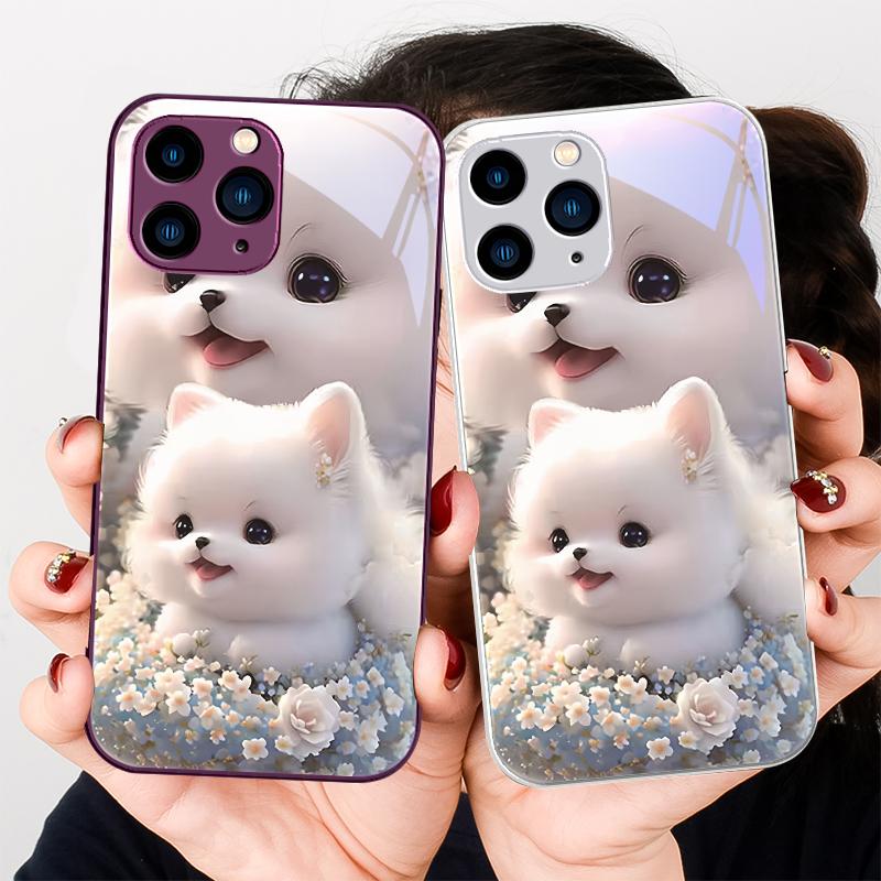 Süßes Haustier Süßer Welpe Hund Lila Für Iphone 16 Plus 15 14 13 12 Mini 11 Pro Max X XS XR 7 8 Plus 2022 Gehärtetes Glas Handyhülle