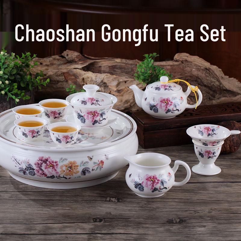 Chaoshan Gongfu Ceramic Tea Set with 10-inch & 12-inch Round Water Storage Trays 10-inch 10-piece Set with Gaiwan