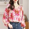 MODIQUE Spring Summer Plus Size Women Casual Loose Elegant Cotton Linen Chiffon Floral Print Puff Sleeve Blouse Shirts Lady Oversize O-Neck Coats