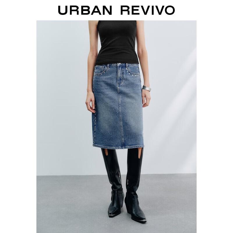 UR 2025 Autumn Retro Rivet Slit Denim Midi Skirt XXS