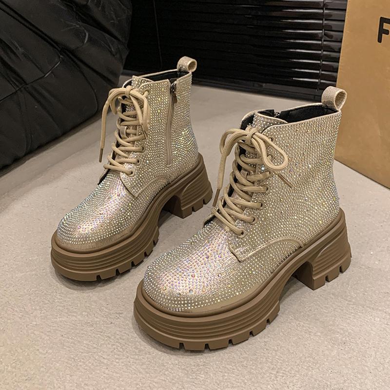 Mode Herbst Neue Plateau Einzelstiefel Damenmode Runde Spitze Strass vorne Schnürung Seitlicher Reißverschluss Bequeme Kurze Stiefel