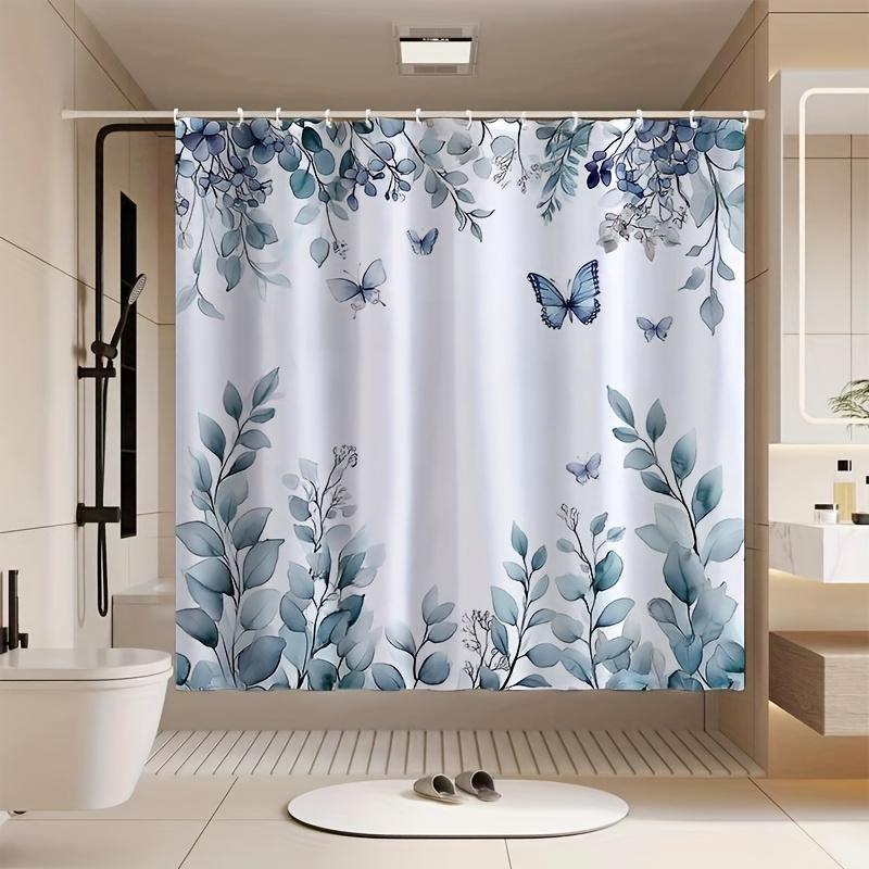 1 Elegant Floral Butterfly Shower Curtain - Polyester, Machine Washable, Artistic Bathroom Decor with Hooks, Polyester Fabric