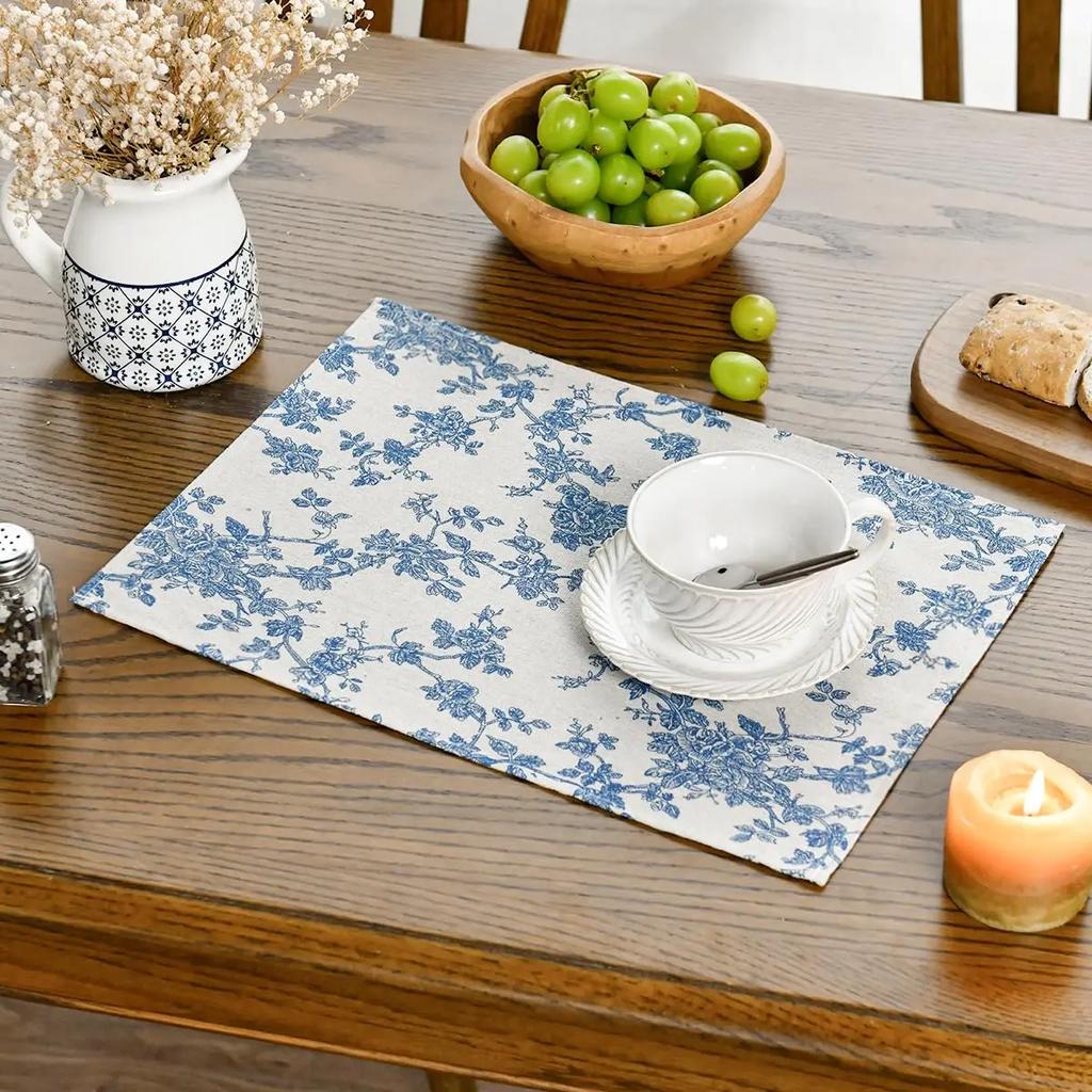 1PC French Pastoral Cloth Placemat Washable Modern Simple Table Mat Coffee Table Plate Pad Blue Floral Cotton Fabric Home Decor