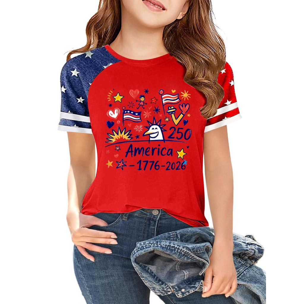 Kids Independence Day Print Crew Neck Short Sleeve Casual T Shirt Lightweight Comfortable Summer Tee Top for Boys Girls
