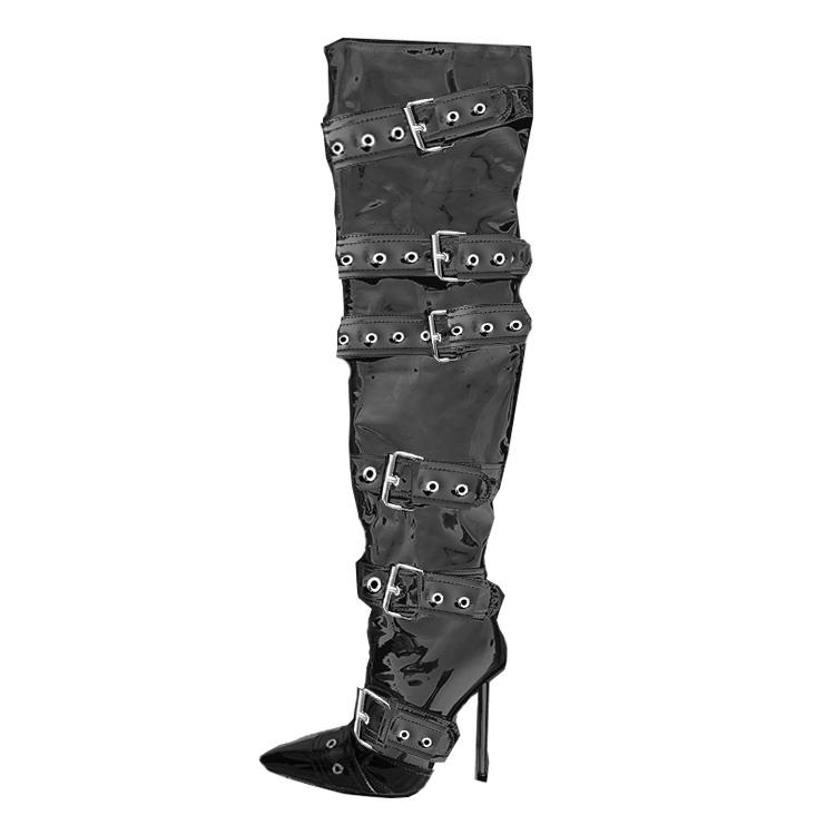 Mode Blaue Denim Metallnieten Schnalle Silberne Overknee-Stiefel Damen Sexy Punk-Stil Silberne Gürtelschnalle 12cm Hohe Sandalen Größe 34-43