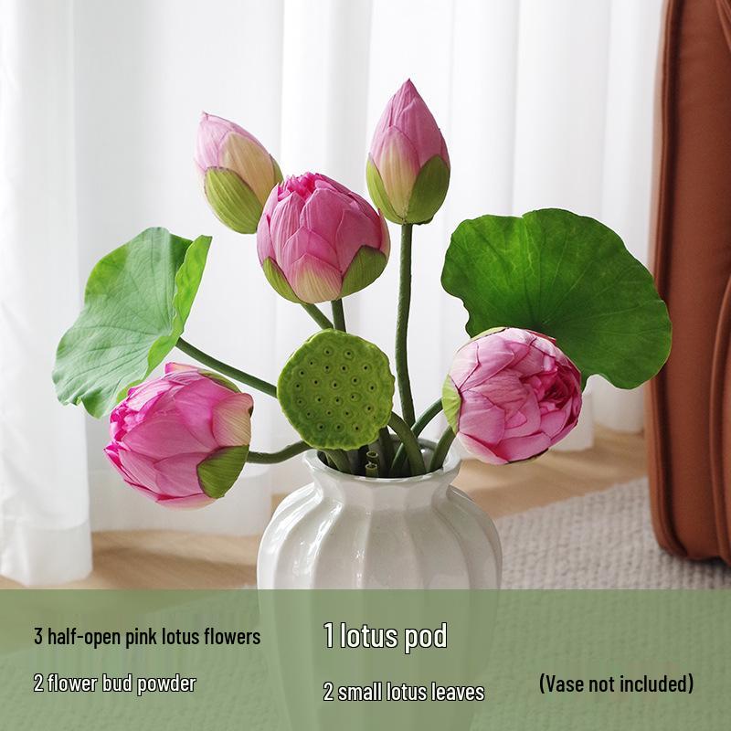 Chinese Lotus Artificial Flower Decoration for Living Room and Dining Table - Realistic Floral Arrangement with Lotus Leaf.
