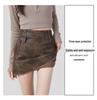 T98 Brown High-Waisted Leather Midi Skirt - Retro Distressed Style for Autumn/Winter