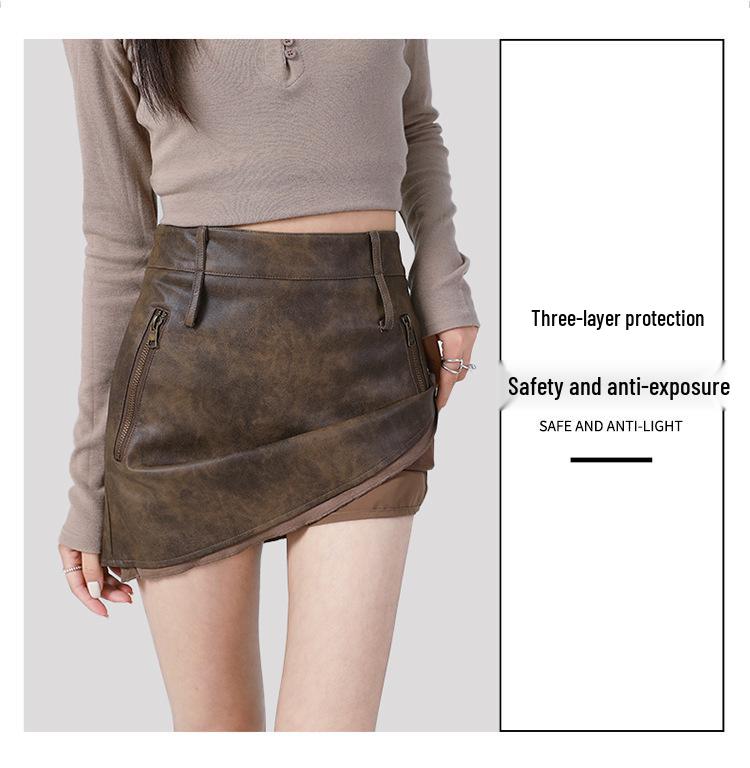 T98 Brown High-Waisted Leather Midi Skirt - Retro Distressed Style for Autumn/Winter
