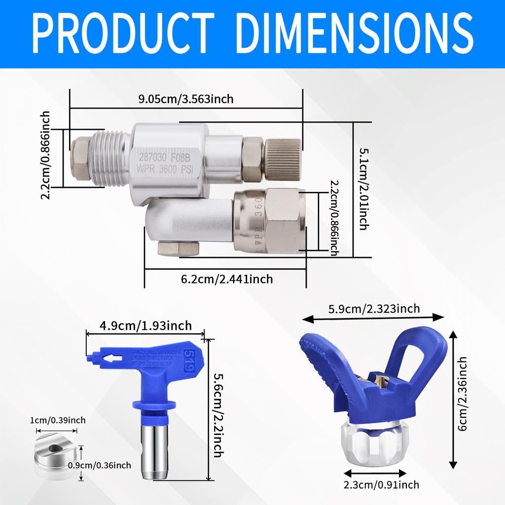 3 Airless Farbsprühdüsen-Kits, 1 Stück 519 Blaue Düse, Ausgestattet mit 1 Stück Universal-Kopfabsperrventil, 1 Stück Düsenbasis, Geeignet