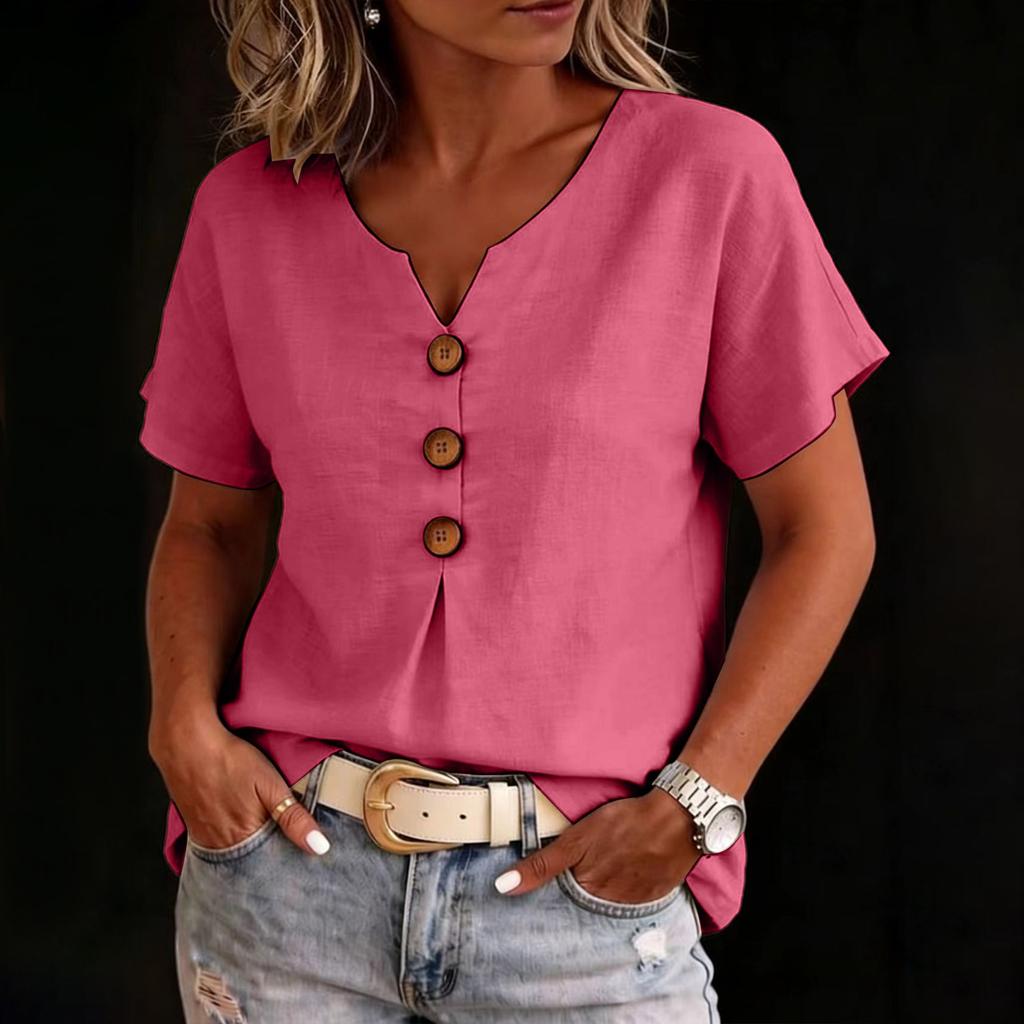 Women’s V Neck Cotton Linen Short Sleeve Button Front Casual Loose Fit Blouse Lightweight Summer Top for Daily Wear