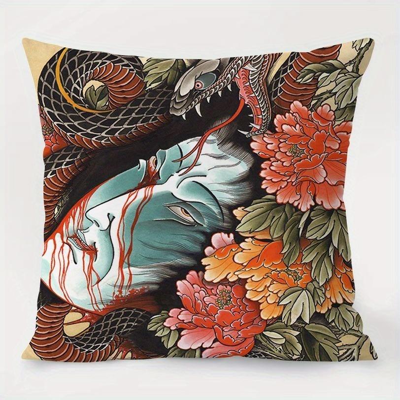 4-Pack Japanese Tattoo Inspired Pillow Covers, Unique Single-Sided Print Artistic Cushion Cases for Sofa and Home Decor