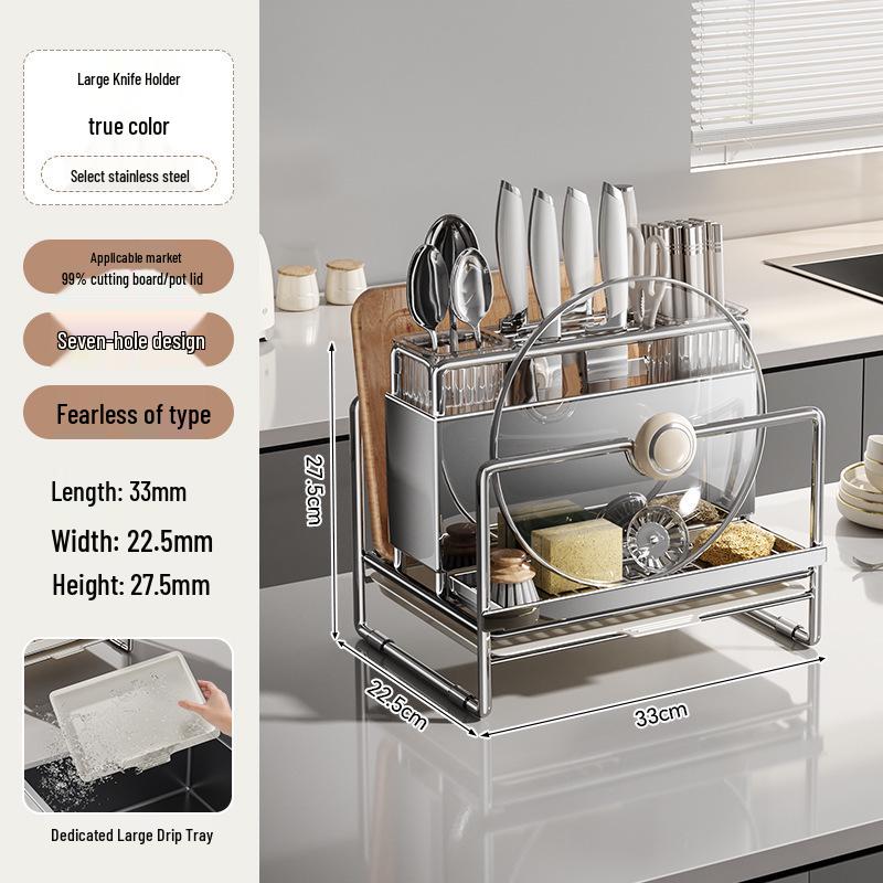 Stainless Steel Knife and Utensil Holder with Cutting Board Rack