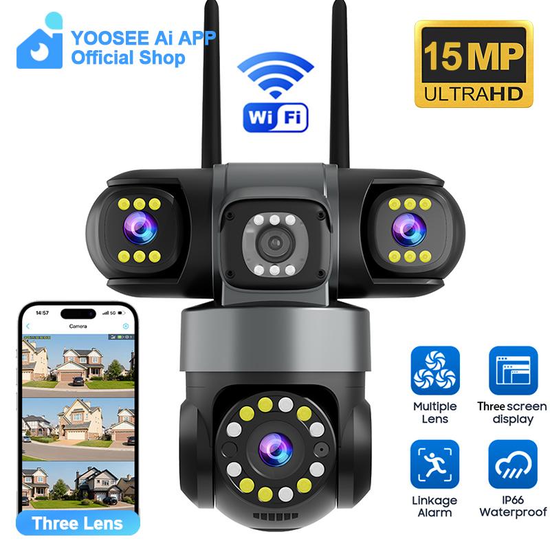 YOOSEE Ai APP Camera Outdoor Waterproof HD 6MP WIFI IP CCTV Night Vision Two-Way Intercom Smart Camera PIR Mobile Tracking Three Lens Camera