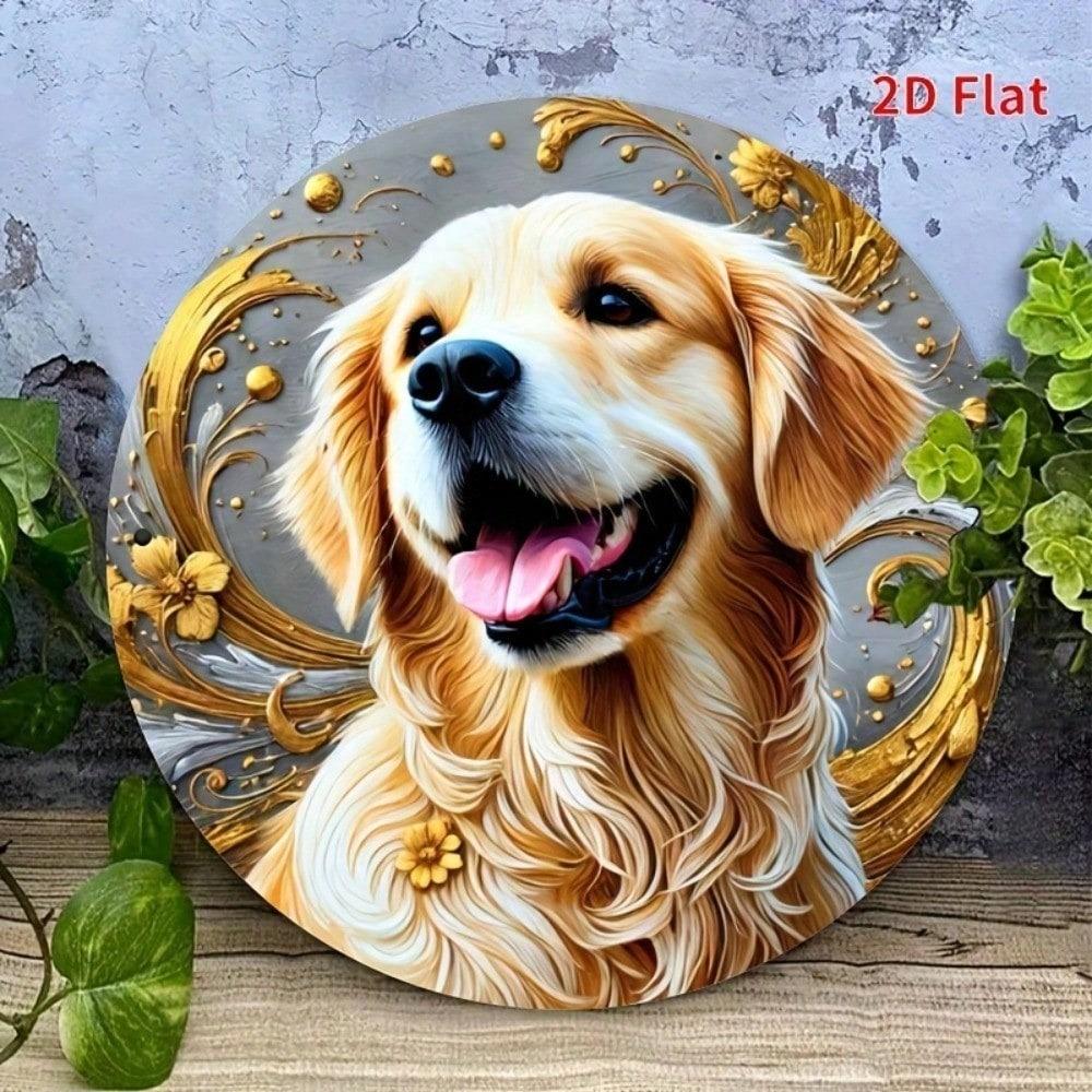 Golden Retriever Floral Metal Wall Art Decor, 2D Flat Iron Dog Sign, Waterproof Durable