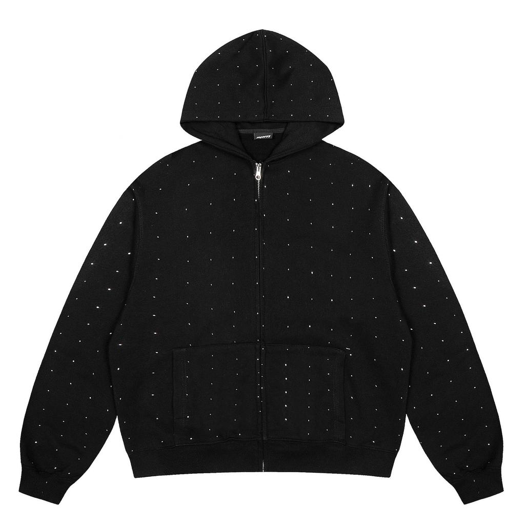 Trendige 6PM schwere Baumwoll-Reißverschlussjacke: Lockerer Schnitt, Streetwear-Stil mit aufgesetzter Stickerei.