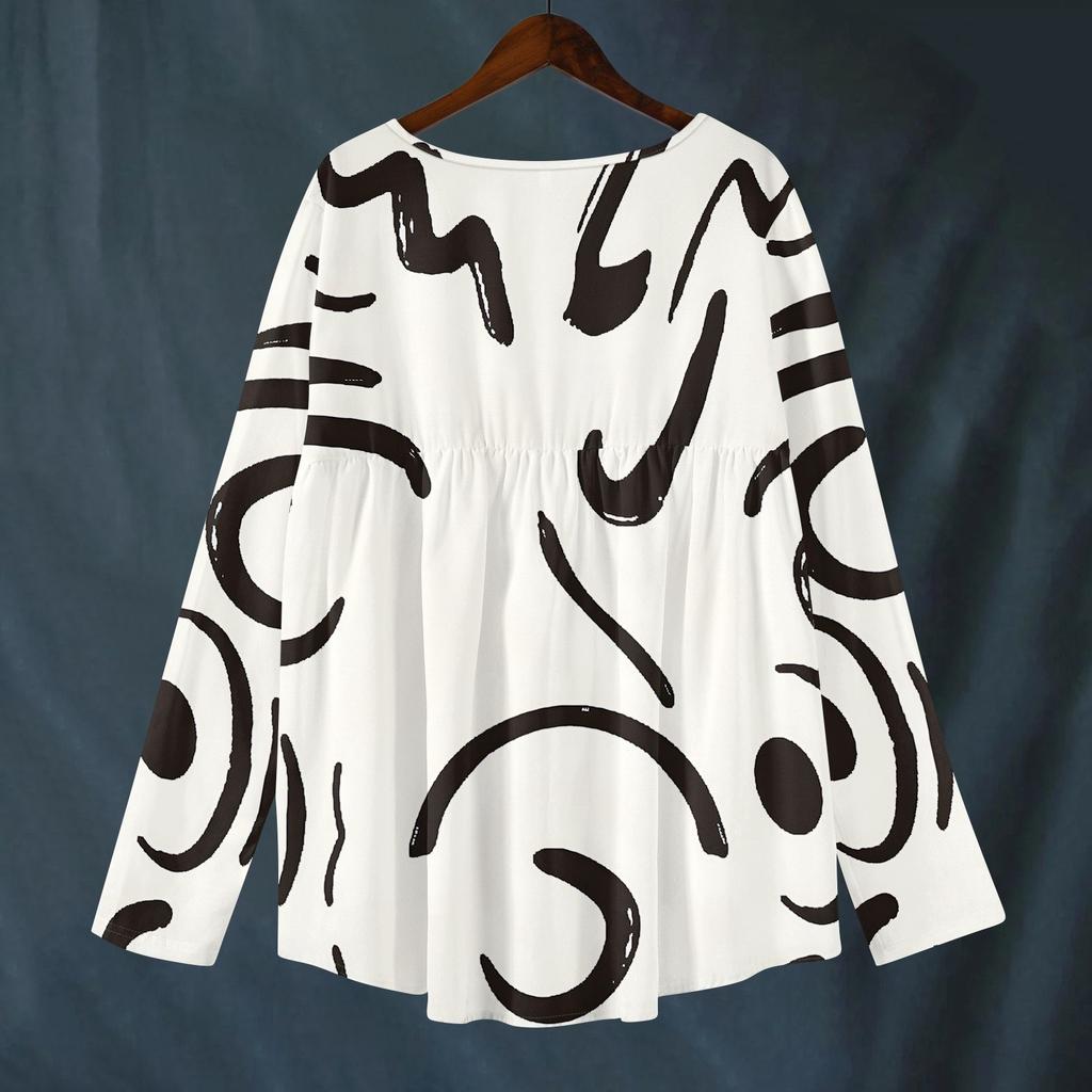 Women's Fashionable And Casual Shirt Long-sleeved V-neck Print Cotton And Linen Blouse