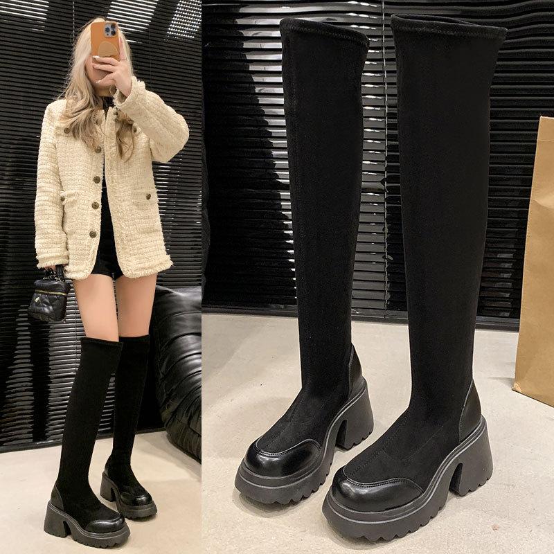 Small thick-soled high-heeled elastic thin socks boots 2025 autumn and winter new retro Maillard knee boots women