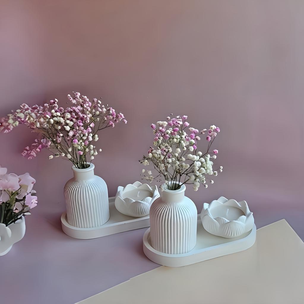 Lotus Striped Vase Tray Silicone Mold Set DIY Epoxy Resin Plaster Mold for Flower Arrangement Aroma Clay Craft Home Decoration