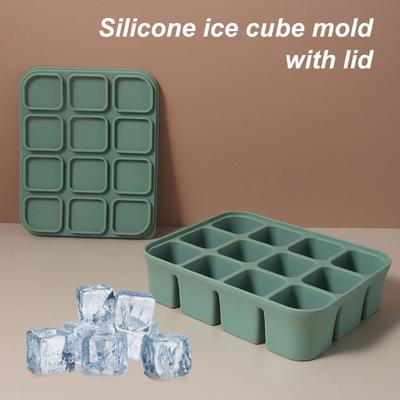 Silicone Ice Cube Tray with Lid BPA-Free Flexible Ice Mold for 12 Cubes Space-Saving Stackable Easy Release Square Ice Mold