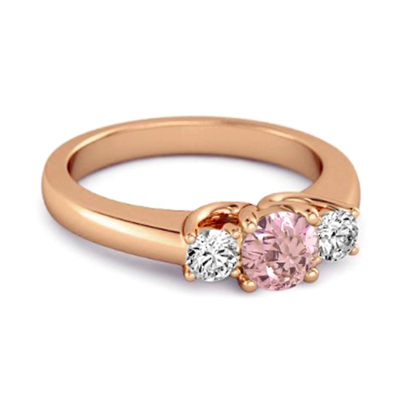 Pink CZ Round Three Stone Women Wedding Ring  - 925 Sterling Silver Rose Gold Vermeil