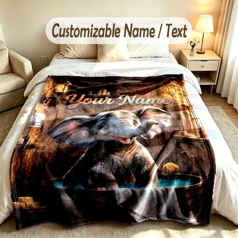 Olifant Thema Zachte Deken Gepersonaliseerd Aangepaste Naam Tekst Print Warme Deken Huis Sofa Slaapkamer Decor