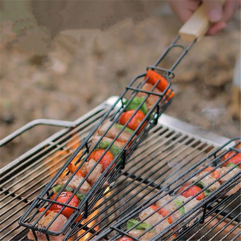 2pcs Nonstick BBQ Grilling Baskets with Wooden Handles - Portable Metal Charcoal Grill Tools for Vegetables & Meat, Ideal for Outdoor Camping