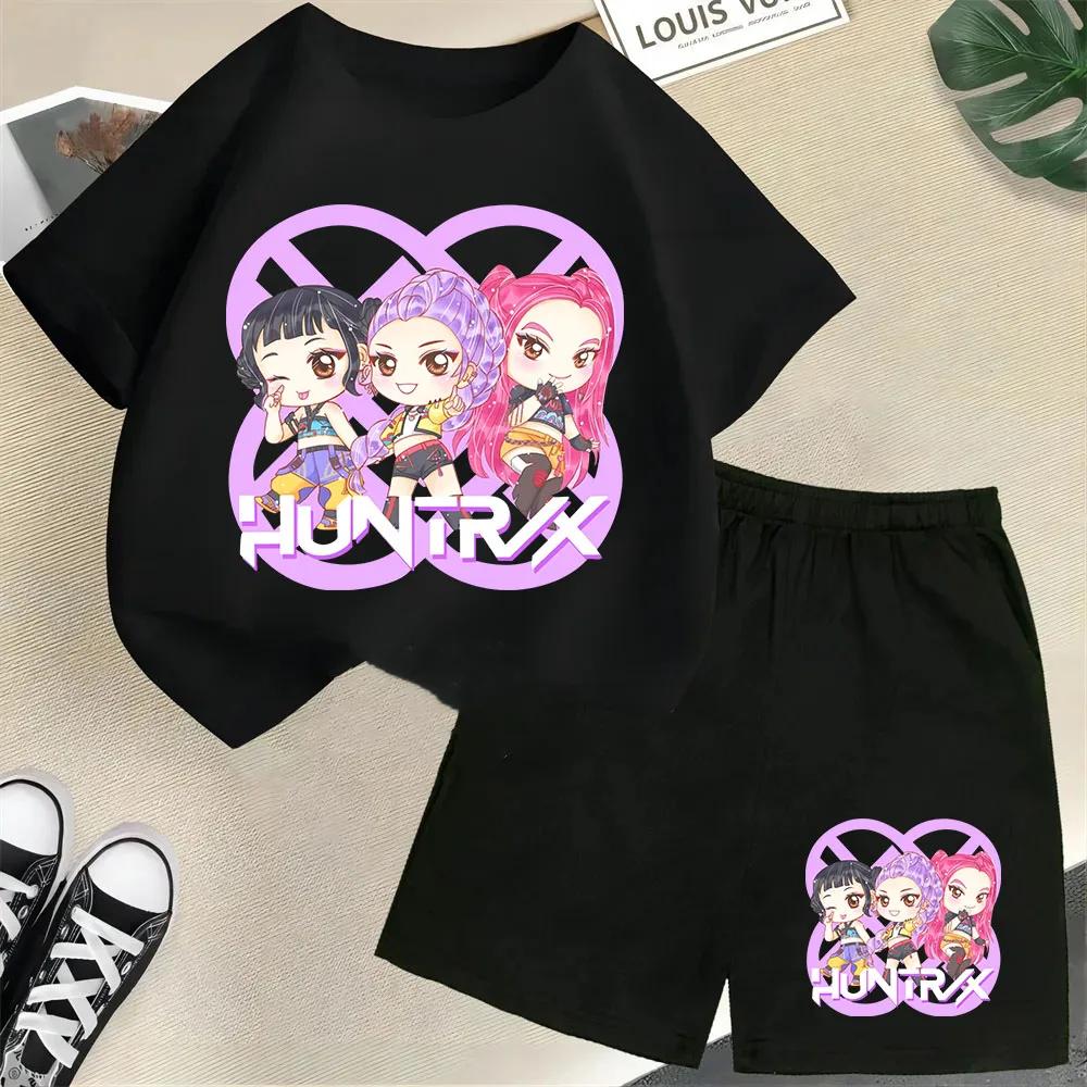 Moda Informal Estampado 3D Infantil Ola Coreana Cazador de Demonios Película Dibujos Animados Niños y Niñas Conjunto de Manga Corta