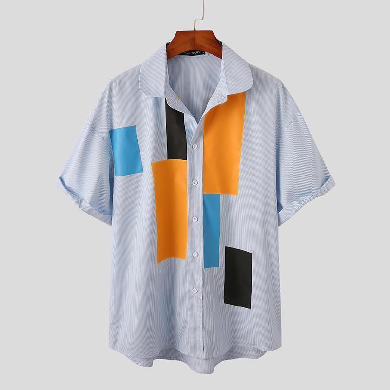 

Летние топы с короткими рукавами, женские и мужские полосатые лоскутные пуговицы, повседневные свободные футболки, рубашки