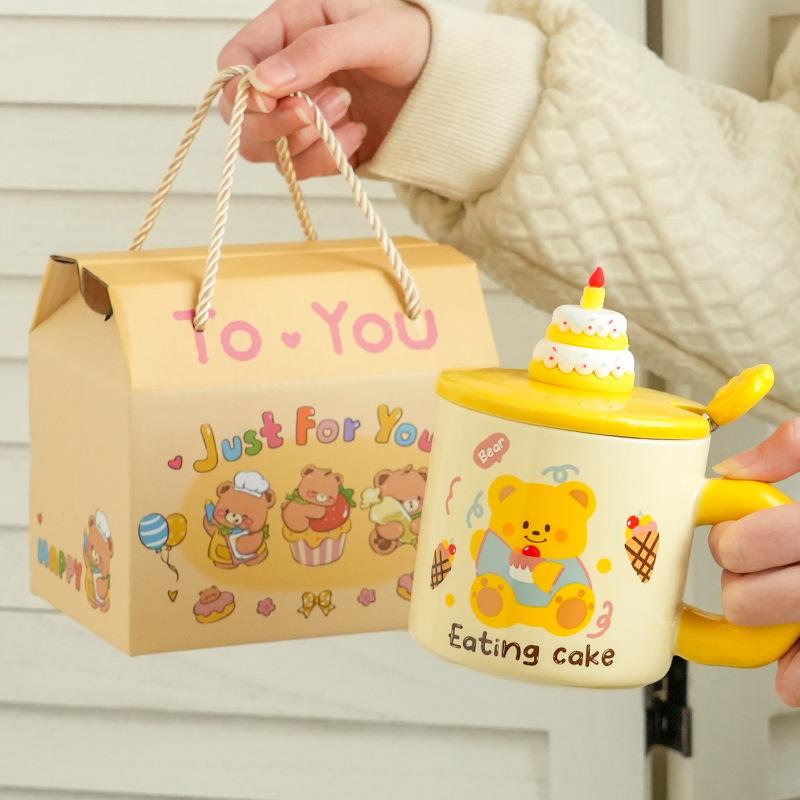 Cupa Ceramică Creativă cu Ursuleț Desen Animat, cu Capac și Linguriță, pentru Cafea de Uz Casnic, pentru Cuplu, pentru Apă, Cutie Cadou de Valoare Ridicată