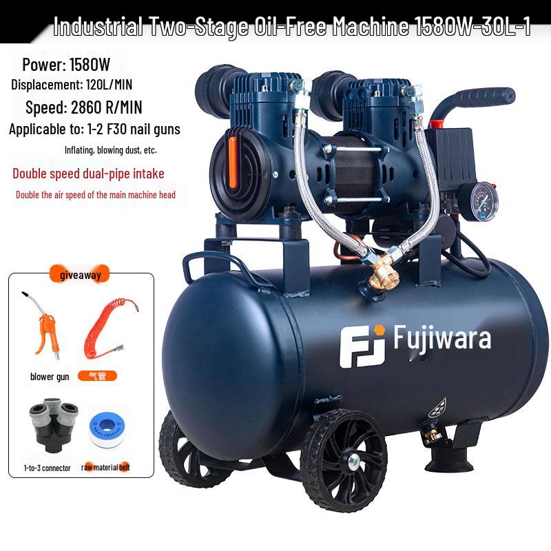 Silent Oil-Free Air Compressor for Woodworking and Auto Repair with High Displacement and Large Pressure Gauge.