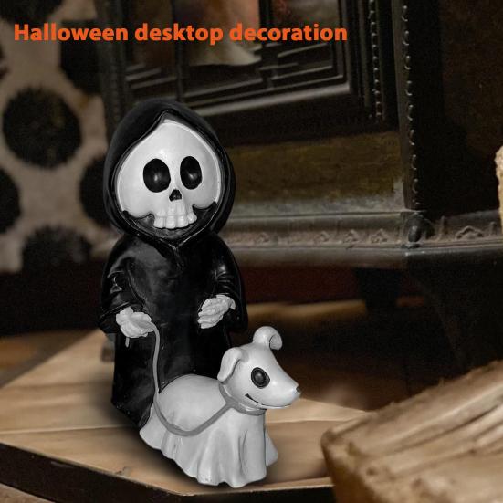 Halloween Ornament Skull Grim Reaper Walking Dog Figurine Decorative Skeleton Statue Courtyard Balcony Garden Sculpture