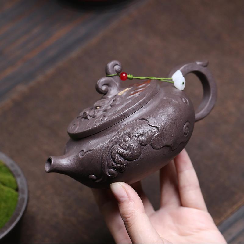 300ml Elegant Yixing Purple Clay Teapots Handmade Auspicious Beast Weekly Count Pot Raw Ore Azure Mud Kettle Zisha Tea Set Craft