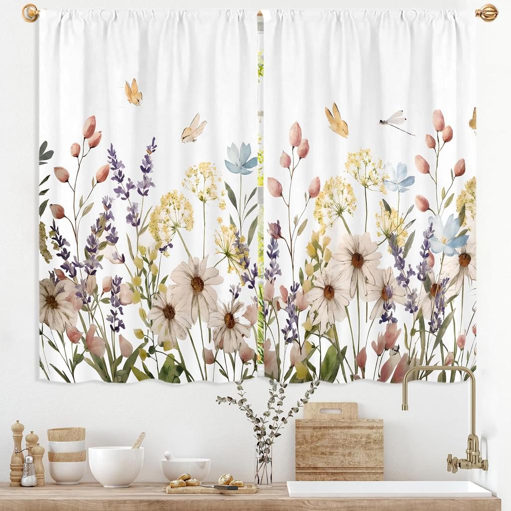 Purple Floral Butterfly Lilac Window Curtains Spring Flower Summer Girls Nature Garden Plant Drapes Treatment Curtain Polyester With Rod Pocket