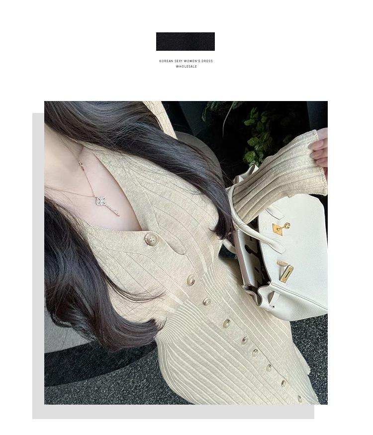 Elegant Slim-Fit Long-Sleeve Korean Knit Dress for Women