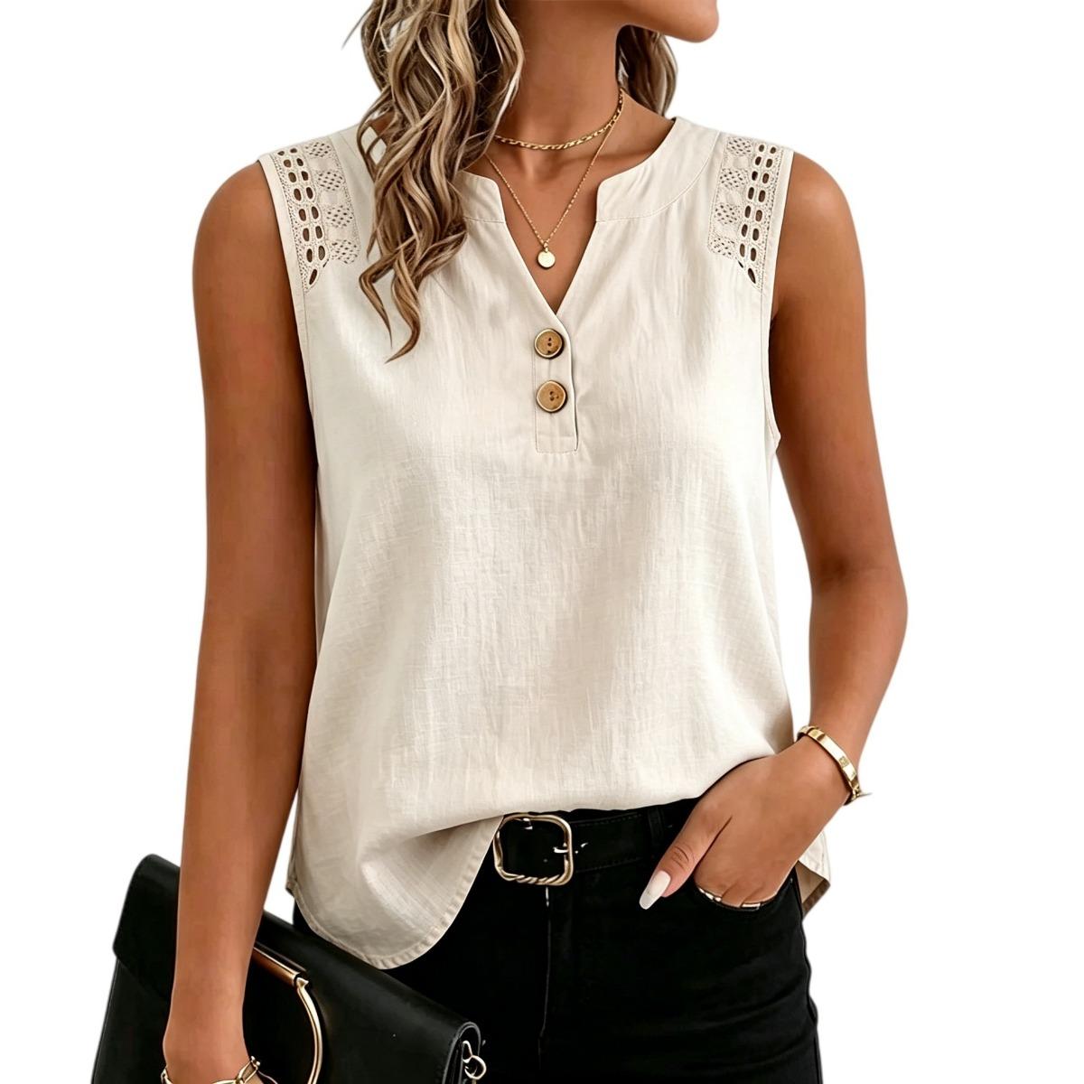 Summer Women s Solid V-neck Cutout Button Cotton Linen Sleeveless Blouse Top S белый