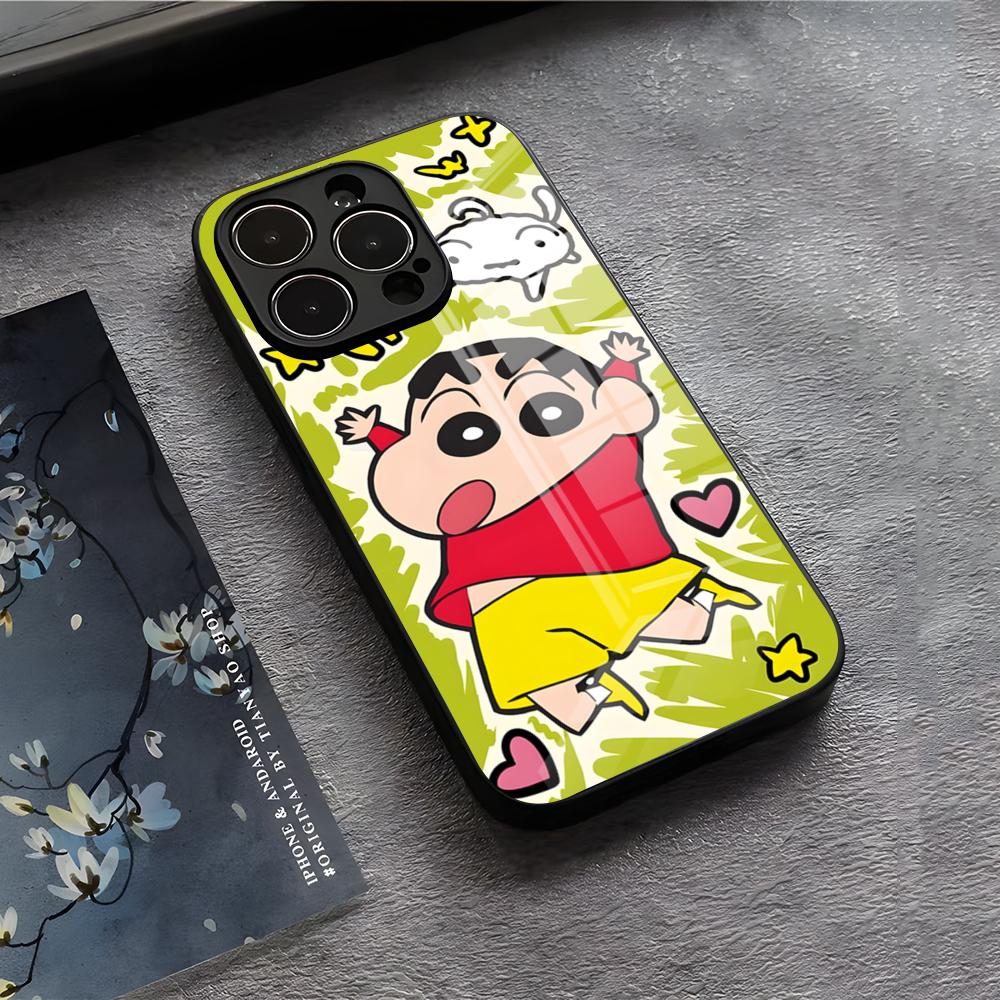 

Чехол для телефона C-Crayon S-ShinChan Для IPhone 17 Air 16 E Pro Max 15 14 13 Mini 12 Pro 11 Max Plus Черная Стеклянная Крышка iPhone 11ProMax
