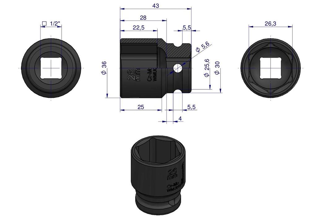 Sechskant-Schlagschrauber-Stecknuss 1/2". 26 mm. Crmo. Din 3129. Waryński