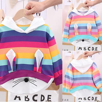 Toddler Kids Striped Rainbow Cartoon Tops Baby Girls Hooded Sweatshirt Coat Tops