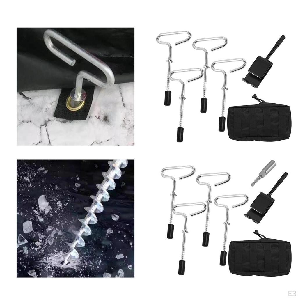 4 Ice Shelter Anchors, Heavy Duty Metal Tent Pegs, with Power Drill Adapter