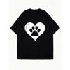 Black Oversized T-Shirt With Heart Paw Print Design For Casual Wear And Pet Lovers