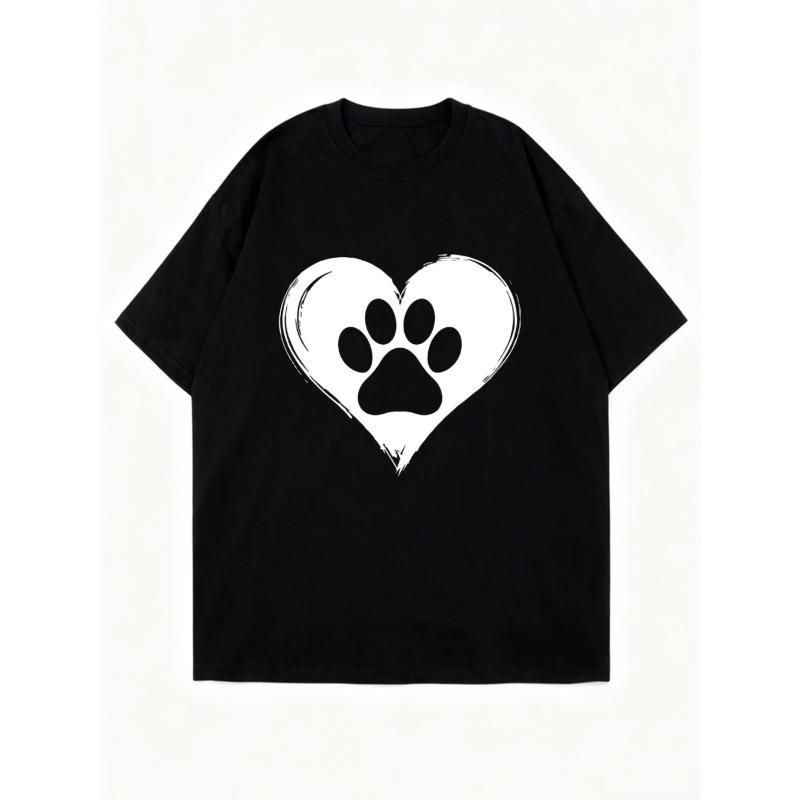 Black Oversized T-Shirt With Heart Paw Print Design For Casual Wear And Pet Lovers