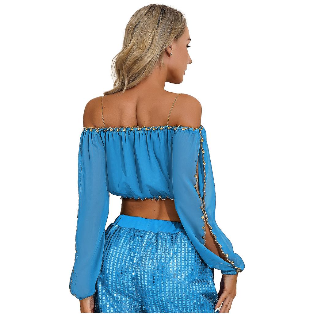 Womens Sequined Beaded Belly Dance Crop Top Long Puff Sleeve Split Halloween Party Costume