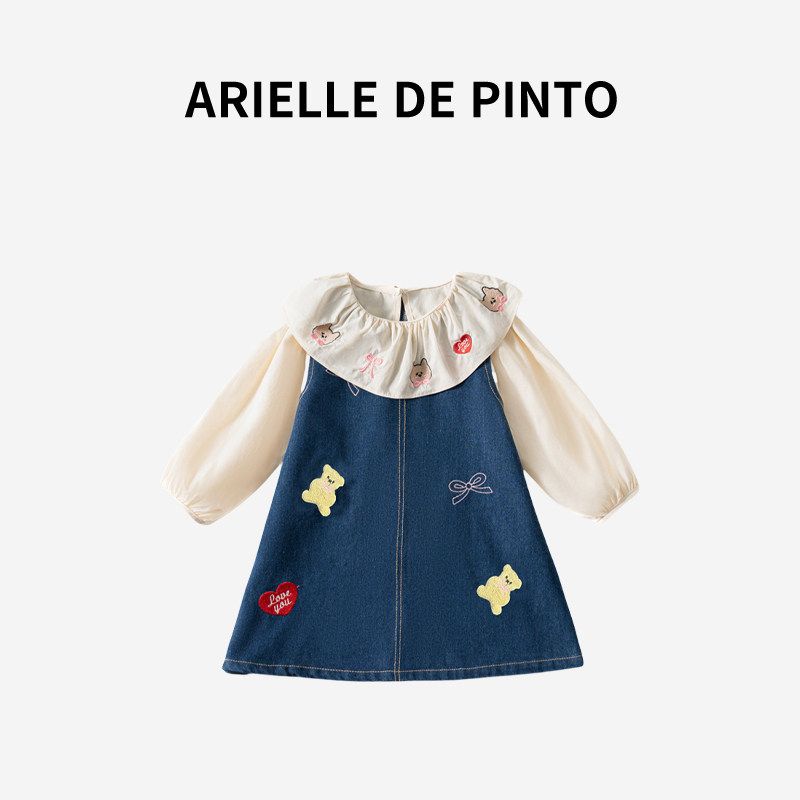 Французское платье для девочки Arielle De Pinto Весна-Осень Милое вышитое джинсовое платье с мишкой Blue 90