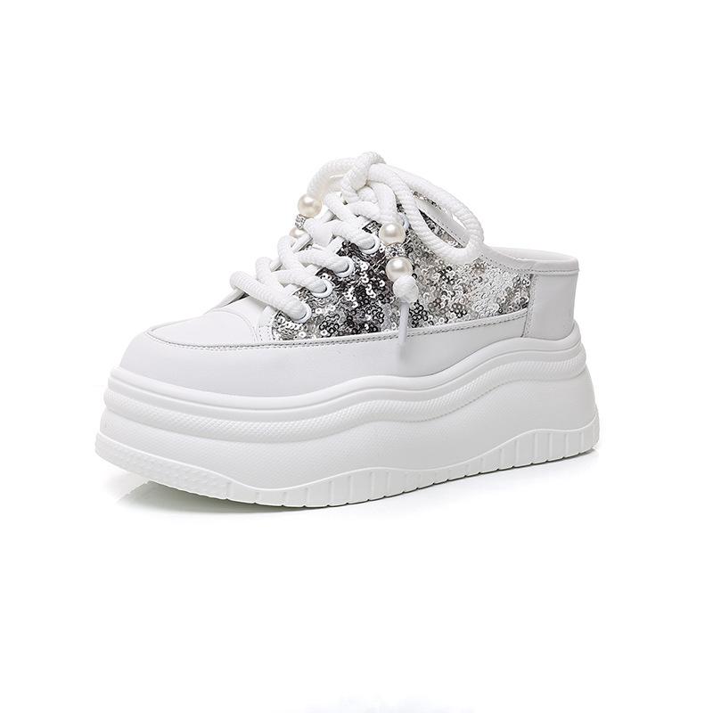 

Thick-soled bag head slippers for women s outer wear 2025 summer new half-tray sequined pearl lazy breathable inner height-increasing women s shoes 39