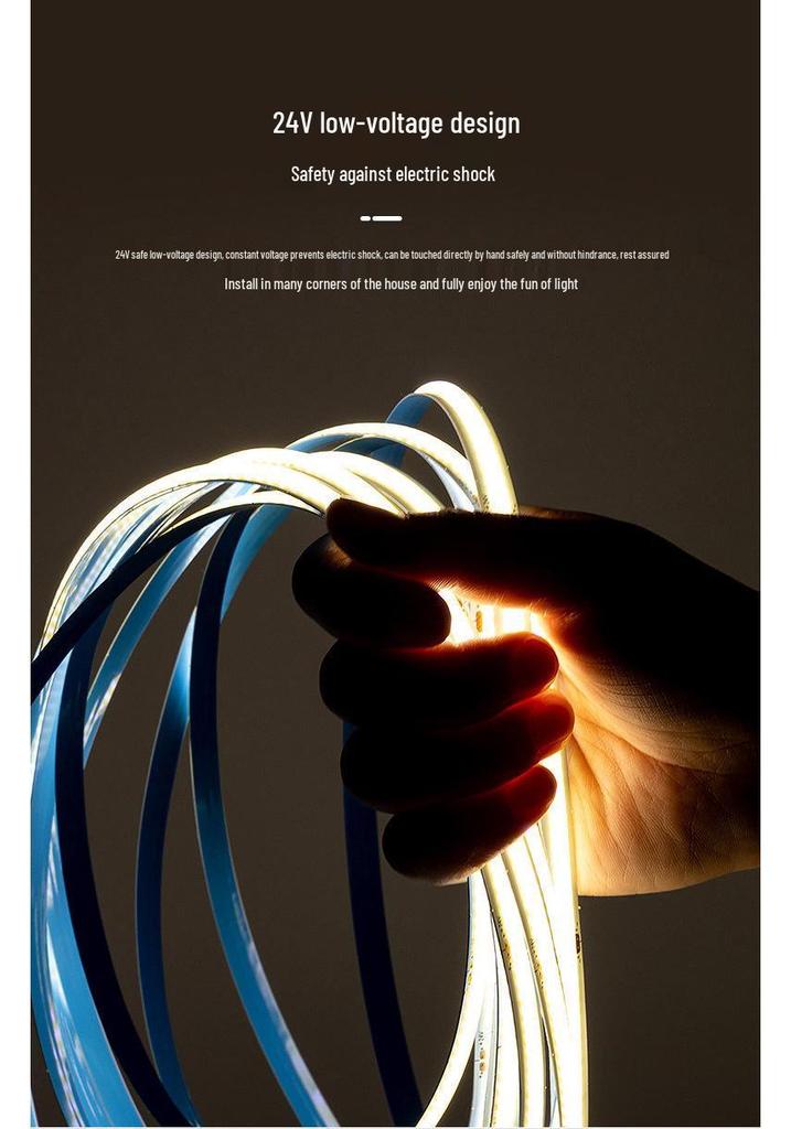 24V Low Voltage Self-Adhesive COB LED Strip Light for Living Room, Cabinet, and Recessed Card Slots