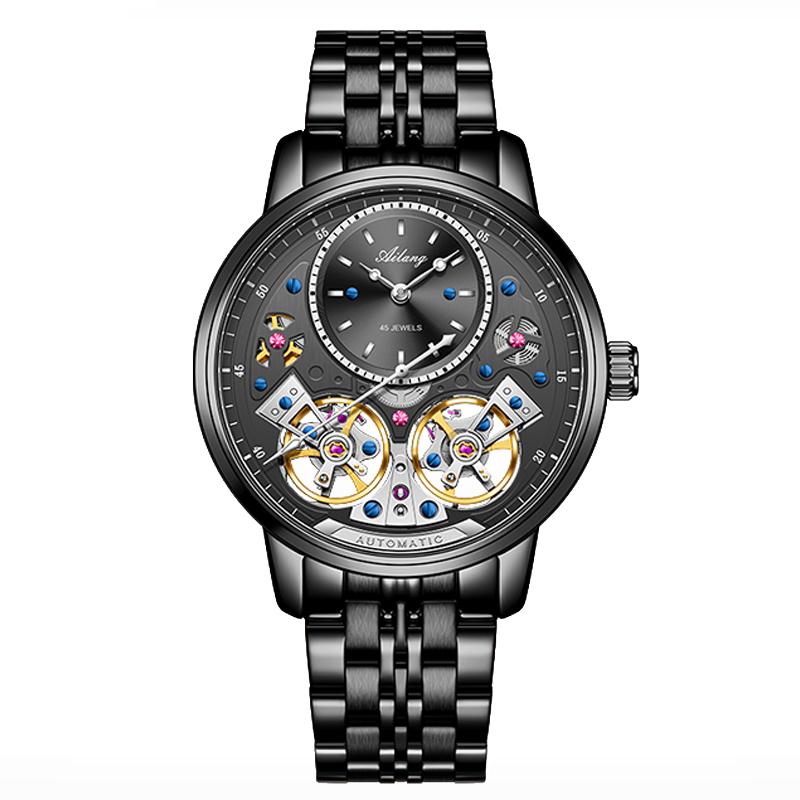 Super Cool Black Steel Double Tourbillon Men's Watches Independent Seconds Automatic Mechanical Watch Men Fashion Relogio
