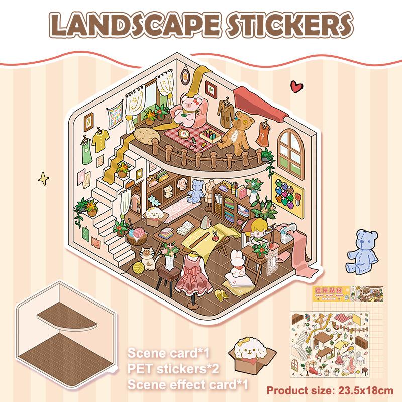 1Set Cartoon Cute Landscape Stickers Cabin Scene Diy Game Stickers Hand Account Decoration Stickers Creative Diy Stickers