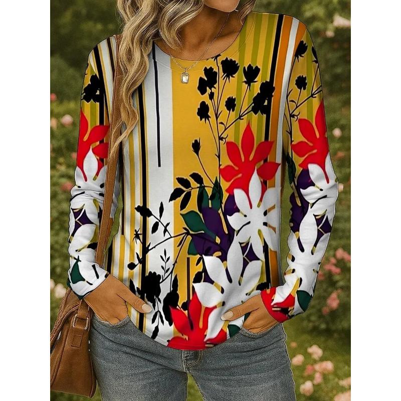 Women Casual Long Sleeve Tops Floral Graphic Geometric Tees Shirts Blouse Crewneck Fall Winter Streetwear Style Y2k Pullover