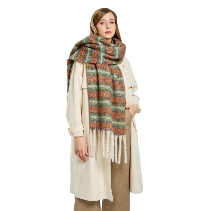 Mohair Winter Striped Scarf Women's Warm Color Matching Imitation Cashmere Advanced Sense Thickened Scarf Versatile Fashion Shawl