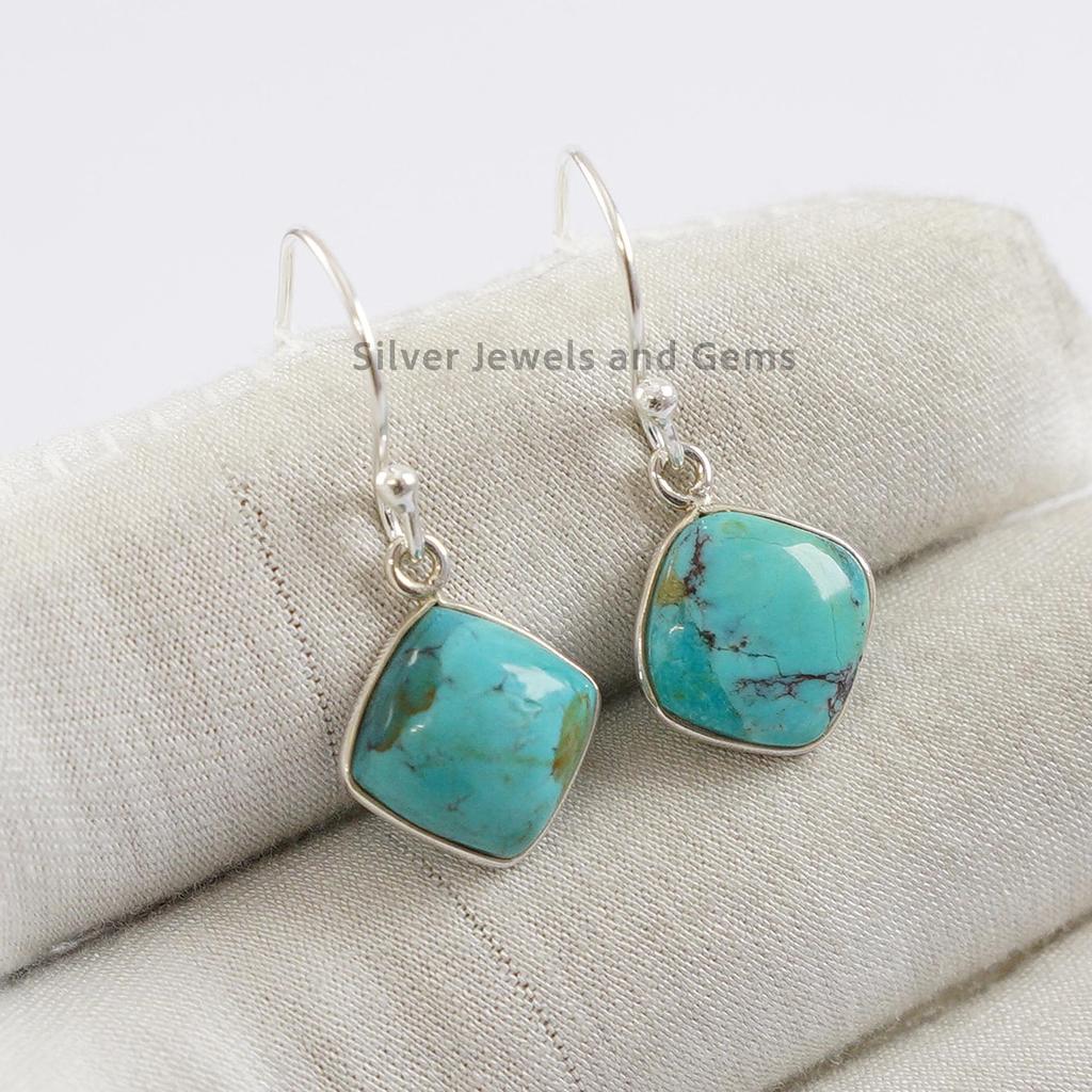 Arizona Turquoise Earrings, 925 Sterling Silver Ring, Square Gemstone Earring, Handmade Earrings for Her
